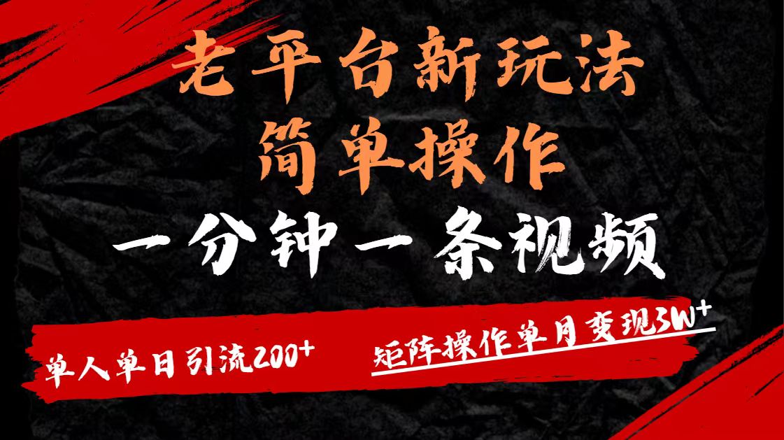 老平台，新玩法，简单操作，一分钟一条视频，单人单人引流200+矩阵操作，单月变现3W网创吧-网创项目资源站-副业项目-创业项目-搞钱项目创业吧