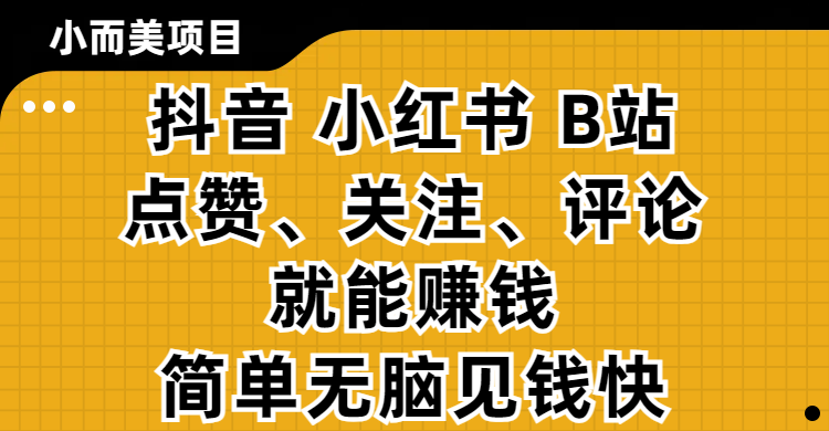 小而美的项目，抖音、小红书、B站视频点赞、关注、评论就能赚钱，简单无脑立见收益！妥妥的零撸项目网创吧-网创项目资源站-副业项目-创业项目-搞钱项目创业吧