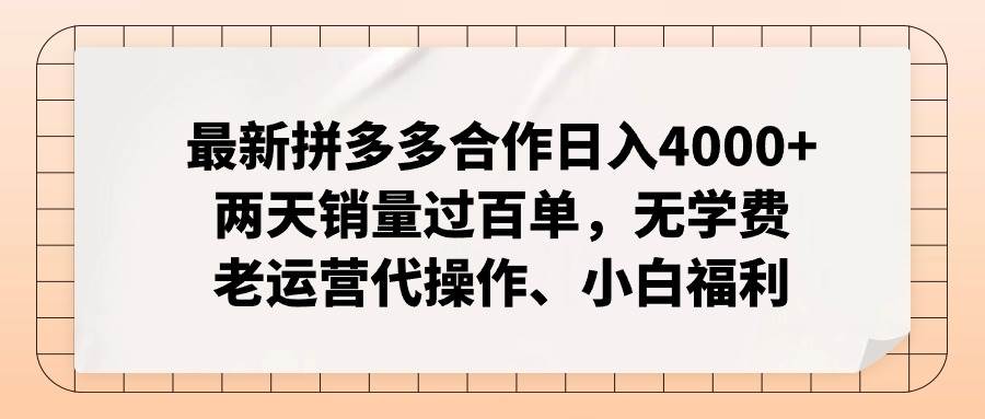 最新拼多多合作日入4000+两天销量过百单，无学费、老运营代操作、小白福利网创吧-网创项目资源站-副业项目-创业项目-搞钱项目创业吧