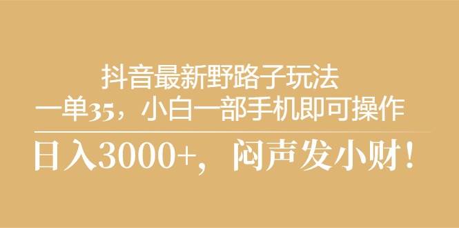 抖音最新野路子玩法，一单35，小白一部手机即可操作，，日入3000+，闷…网创吧-网创项目资源站-副业项目-创业项目-搞钱项目创业吧