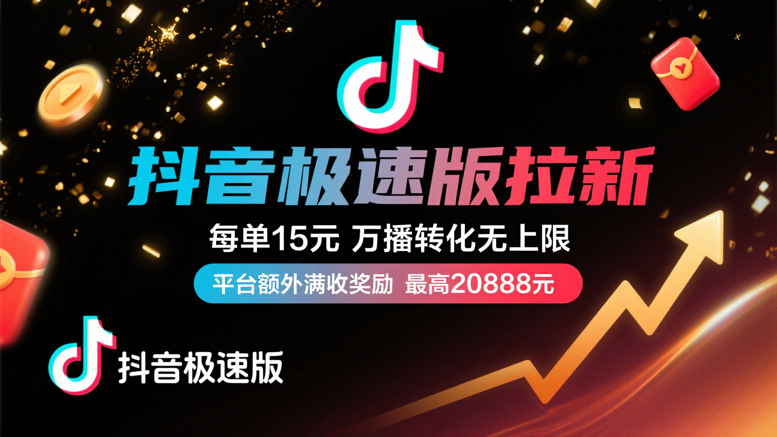抖音极速版放福利，每单15元，万播转化无上限，平台额外满收奖励，最高可领20888元网创吧-网创项目资源站-副业项目-创业项目-搞钱项目创业吧